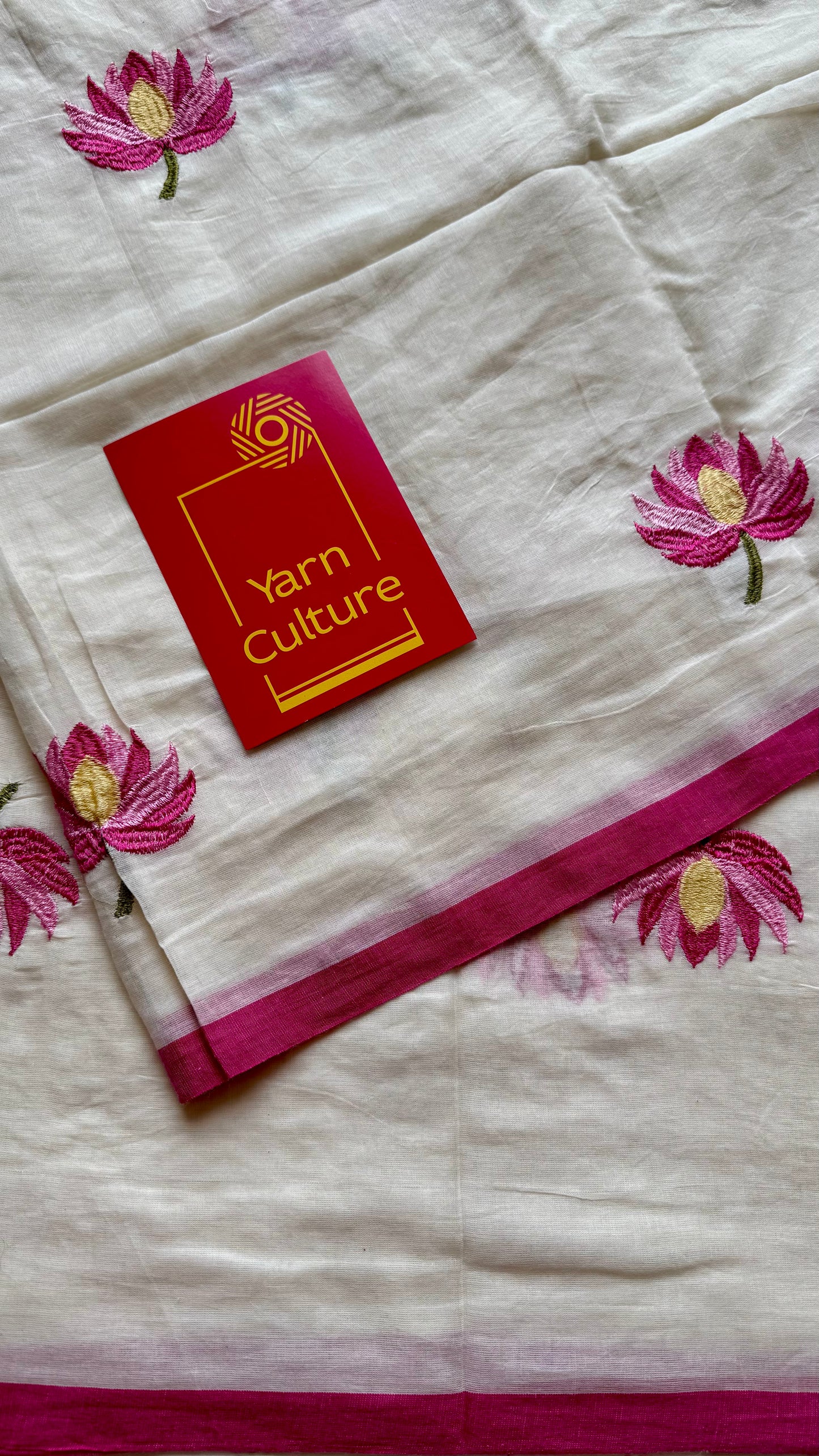 Ivory mul saree, with pink lotus embroidery - YCIEON03