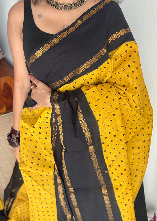 Yellow with black, sungudi motif and rudraksham border, madurai soft cotton - YCCOTNAUSC02