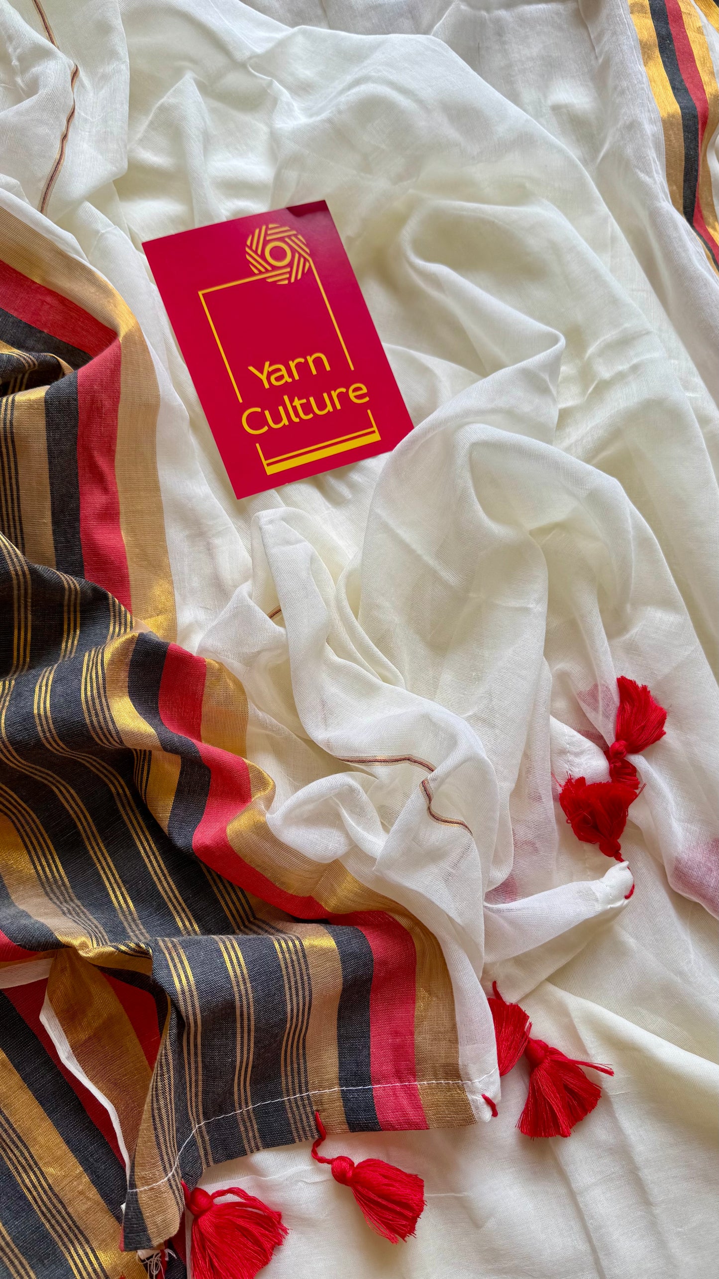 Ivory mul saree, red, black and gold striped border - YCIEON36