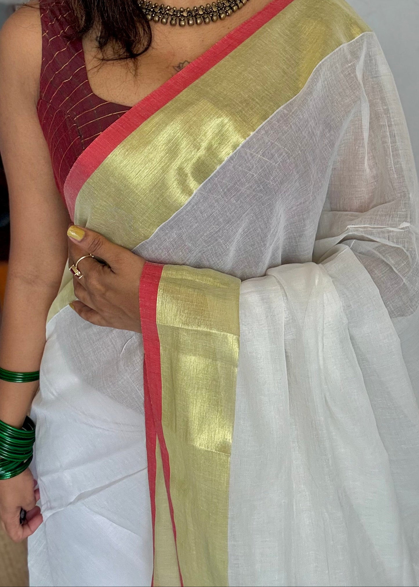 Ivory mul saree with red gold zari border  - YCBCMCFE291