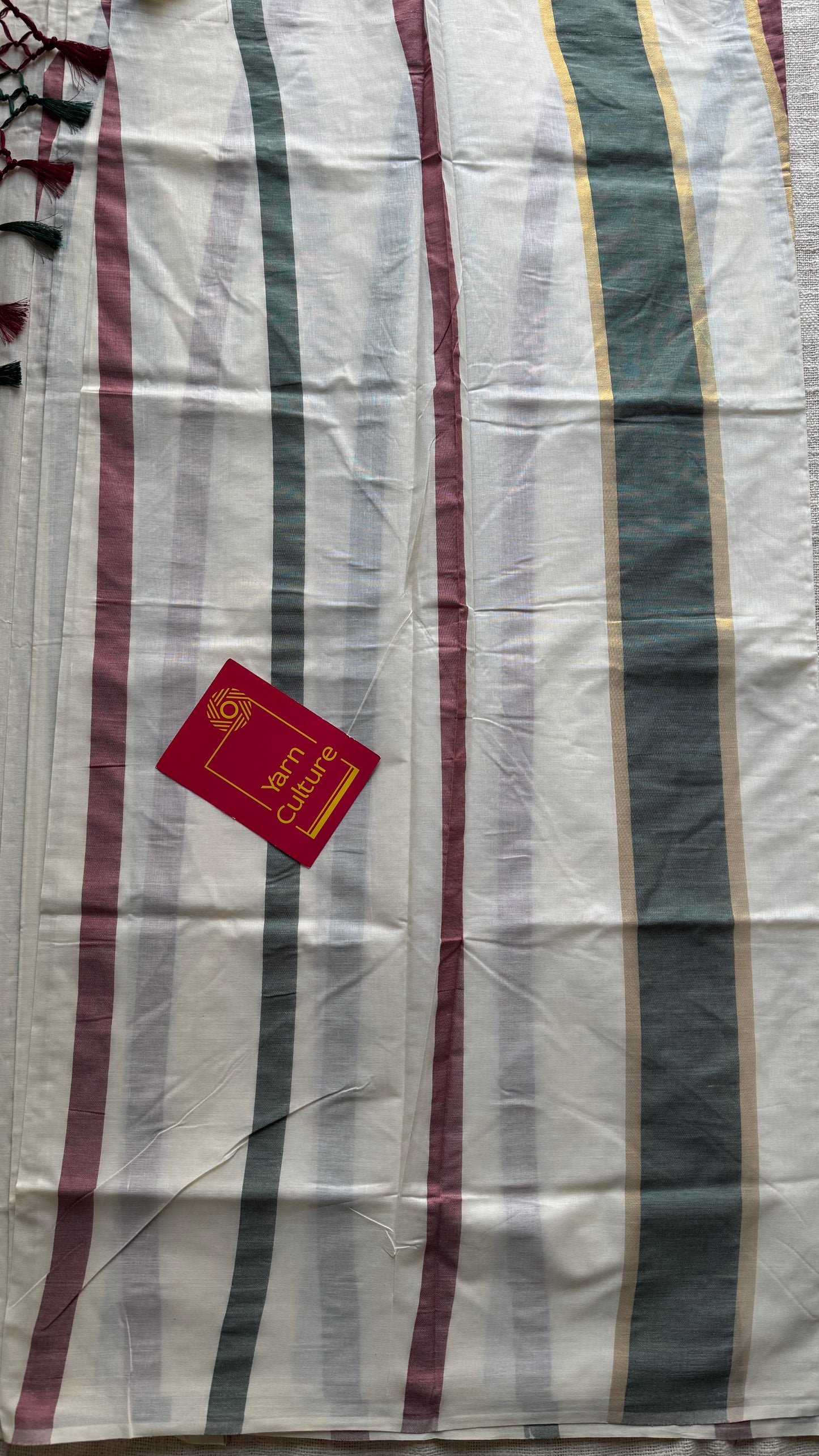 Ivory Kerala cotton saree with maroon and green stripes - YCIEKCFE307