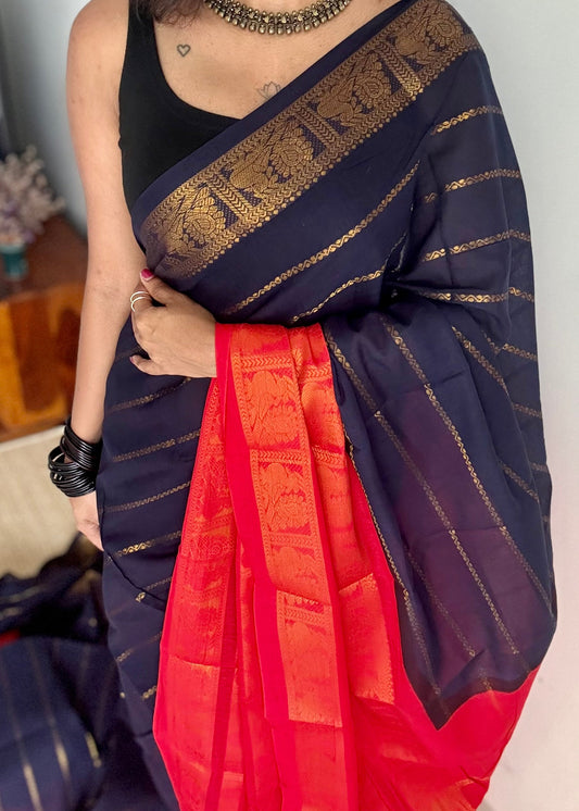Dark blue, bright red, peacock rudraksham motif, single side broad zari - madurai kattuchayam dyed - YCCOTNAURS15