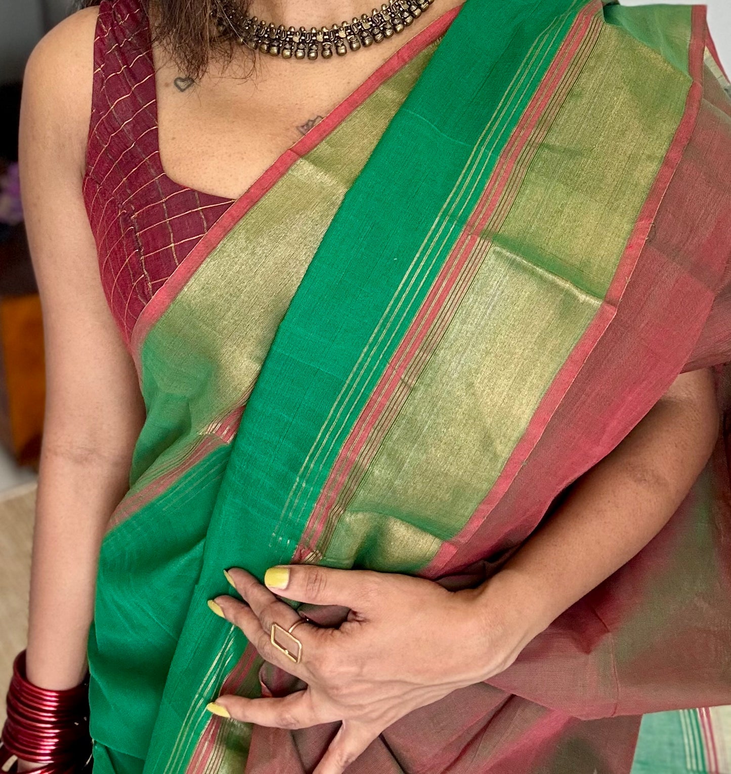 Light brown and green Chettinad cotton saree with antique gold zari border - YCCOTNCCFE155