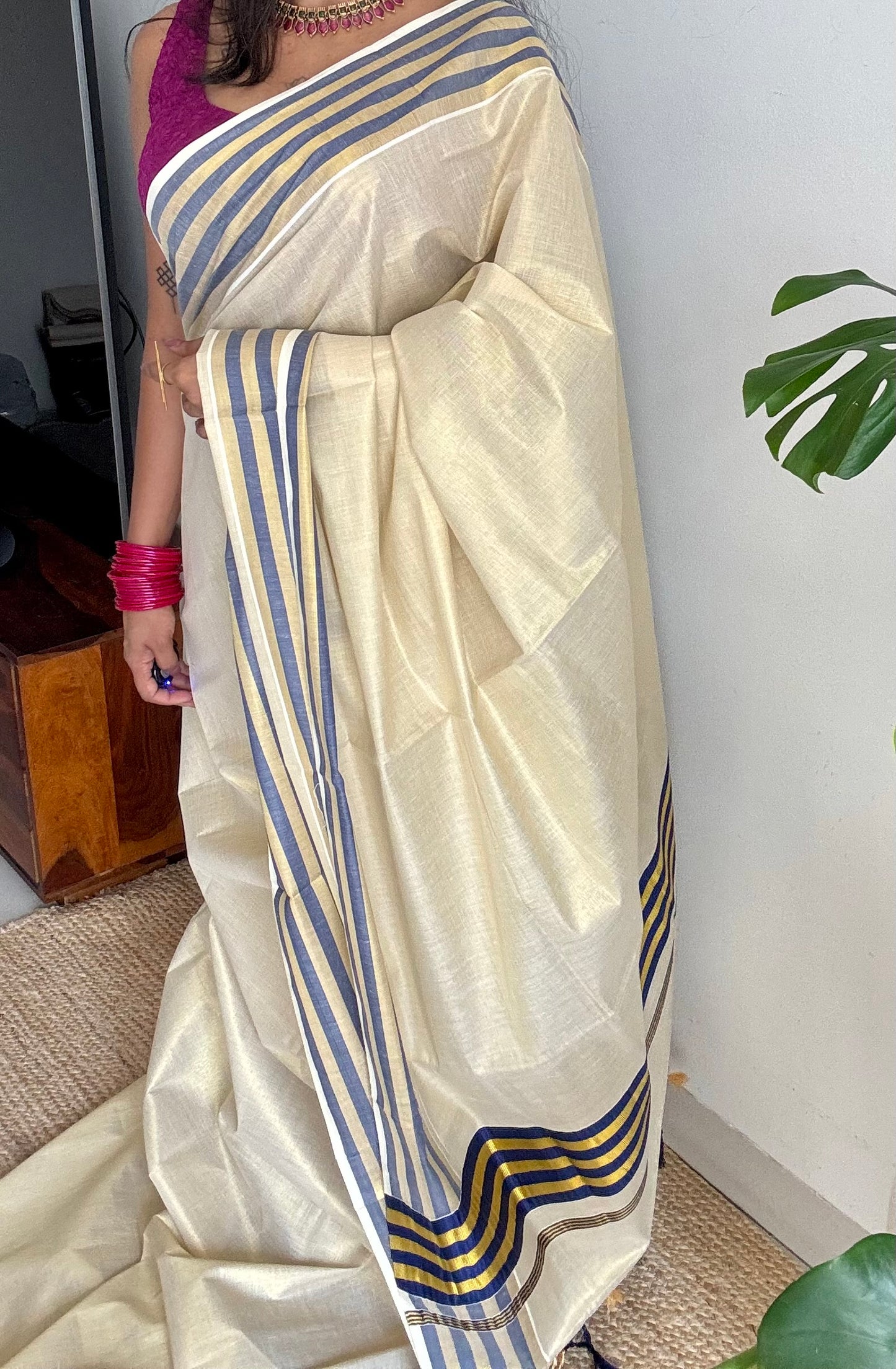 Ivory and gold soft tissue cotton saree, royal blue border - YCIEON66