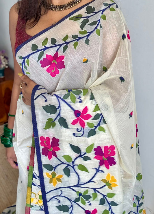 Ivory with navy blue border and multicolour floral motifs, cotton saree - YCIEBCFE325