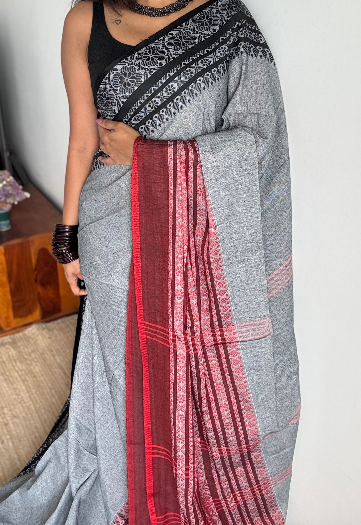 Grey with red and black threadwork, begampuri soft cotton - YCBCBPJA201