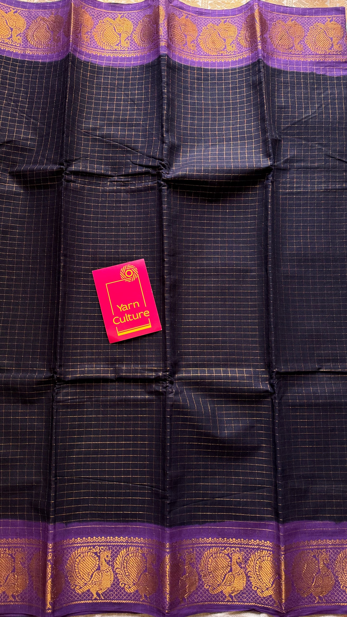 Dark blue with purple contrast zari checkered sungudi, kattuchayam dyed madurai cotton - YCCOTNMSAP92