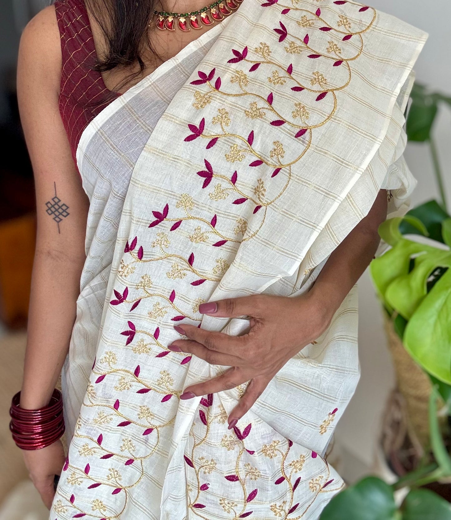 Ivory and gold soft cotton saree, purple pink floral vine embroidery  - YCIEON56