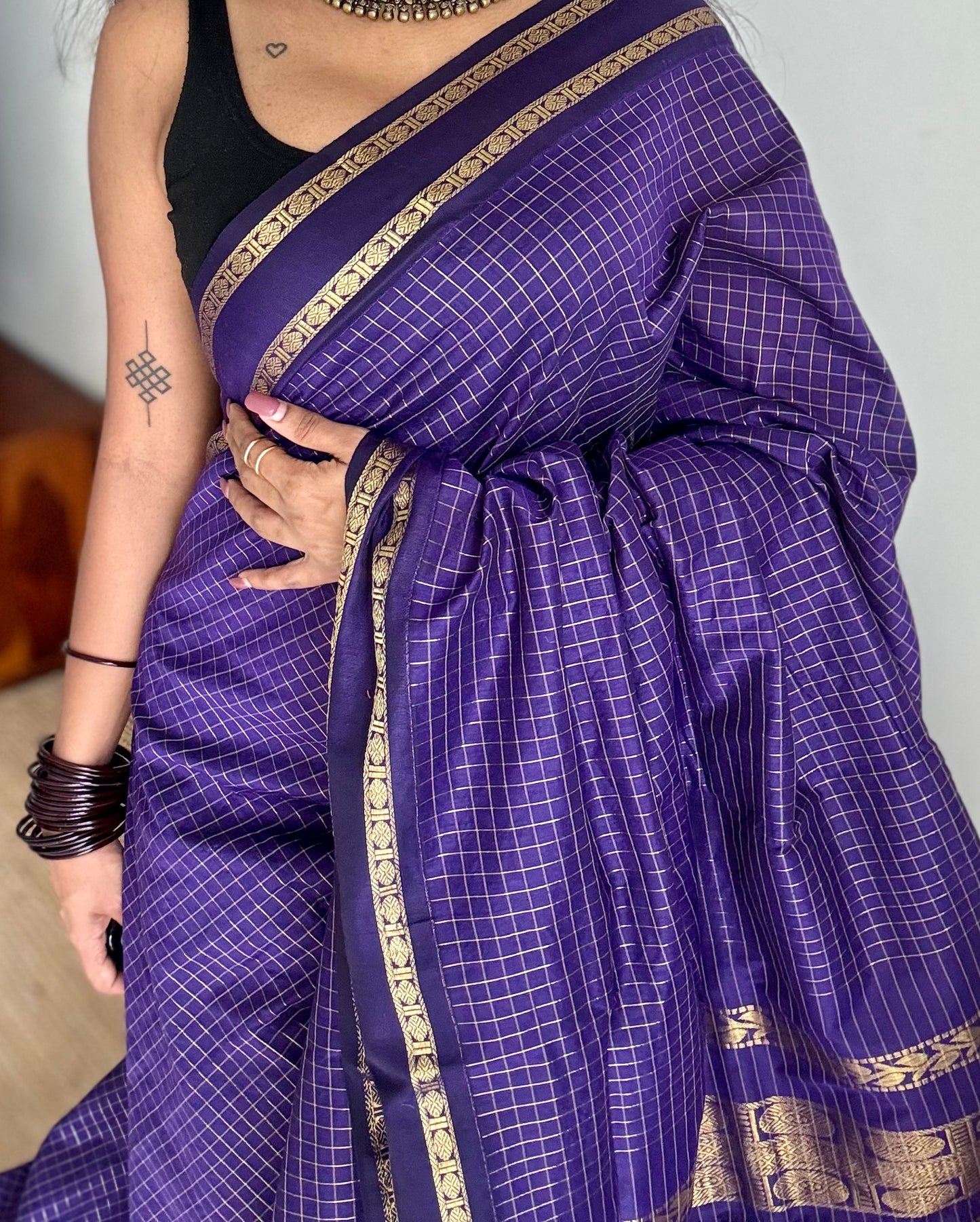 Purple, arani zari checks saree, cotton silk - YCCOTNAUG13