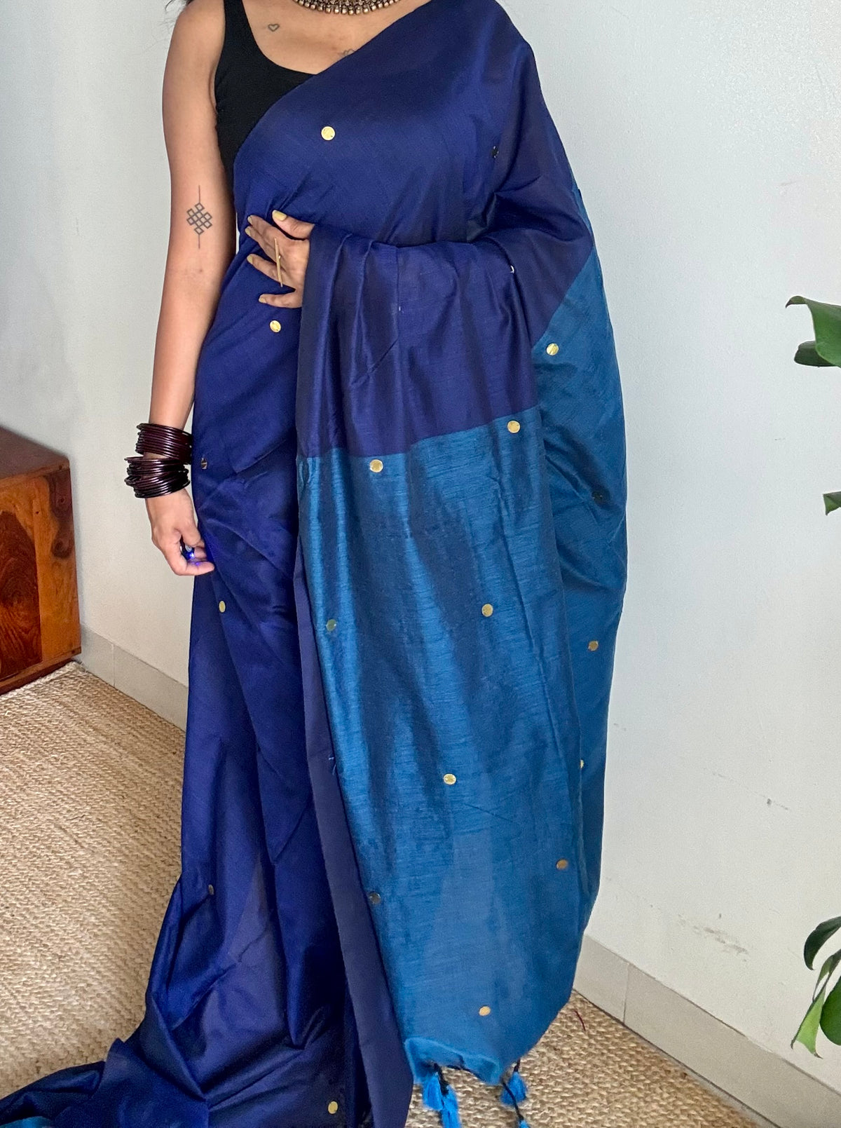 Dark blue with peacock blue contrast pallu, gini sequins, soft cotton saree - YCBCSCOC05