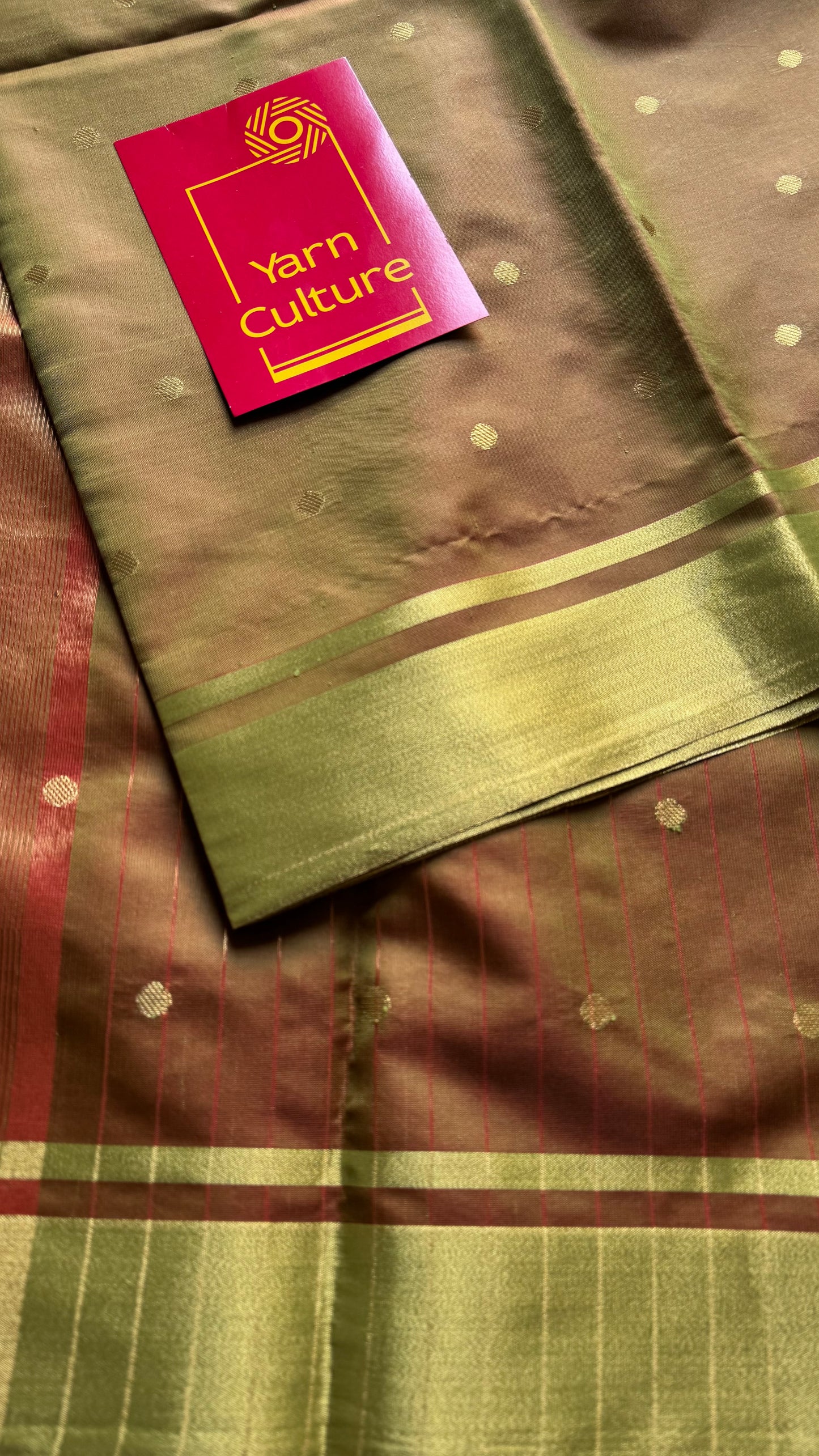 Green brown dual tone with antique gold border & buttas, semi katan silk - YCBLSSJA18