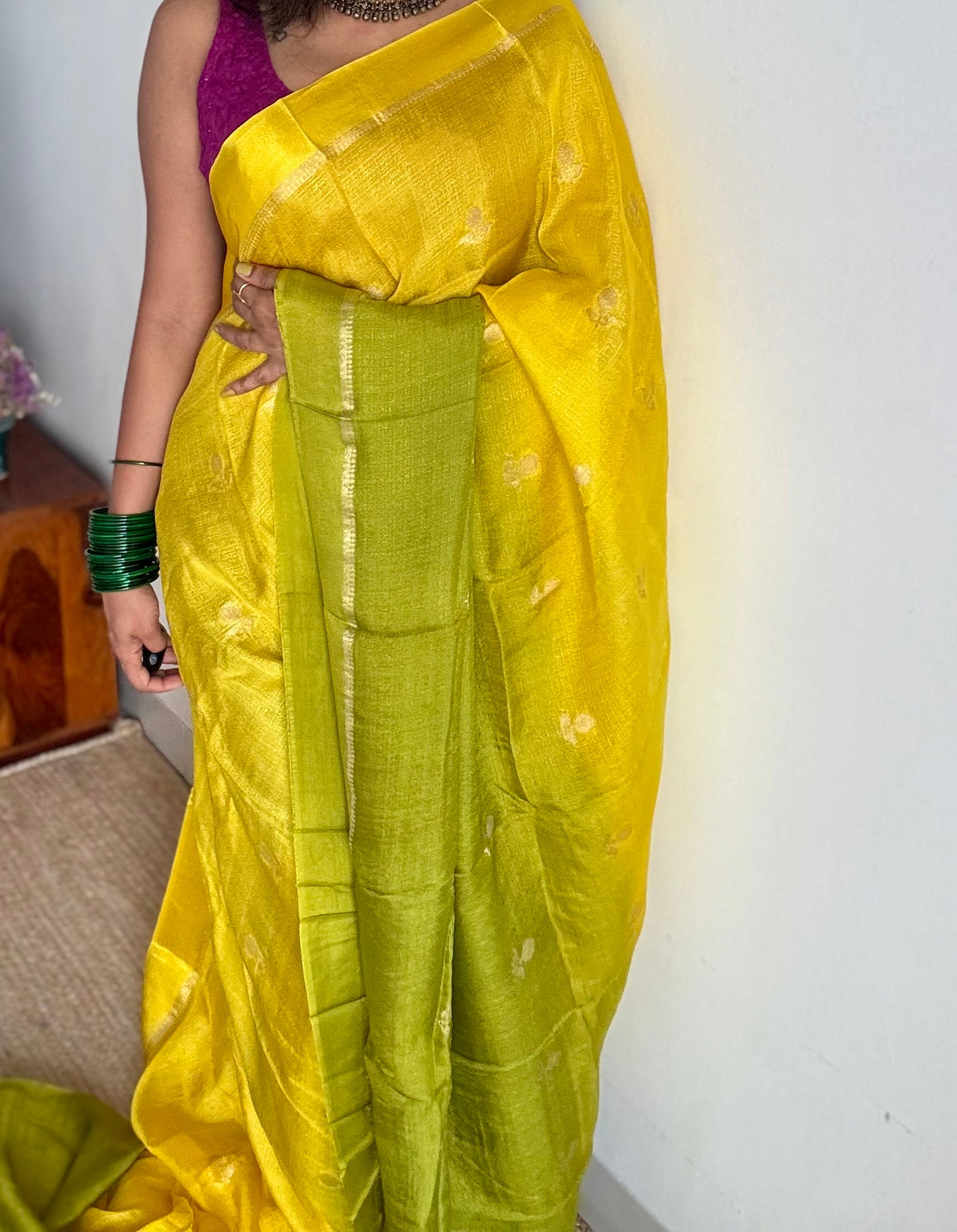 Yellow green dual tone in viscose soft silk with satin border, jacquard zari motifs - YCDOSFE194