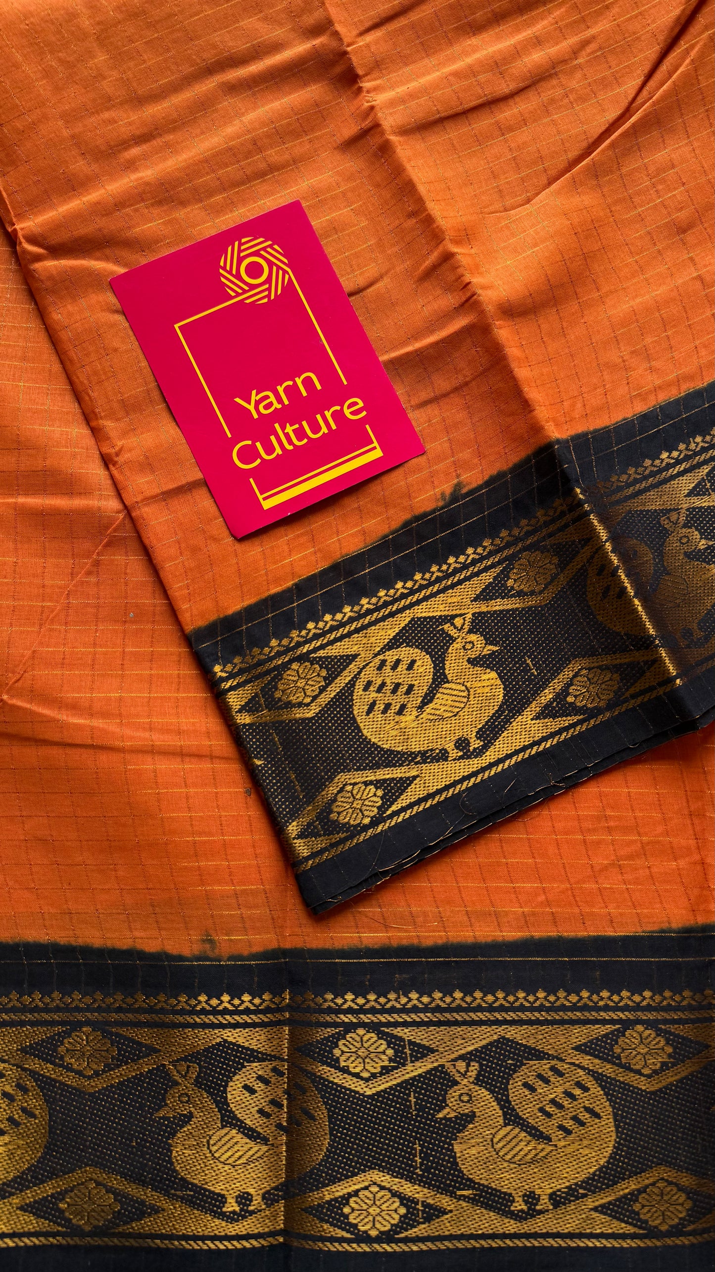 Orange with black contrast zari checkered sungudi, kattuchayam dyed madurai cotton - YCCOTNJUCC15