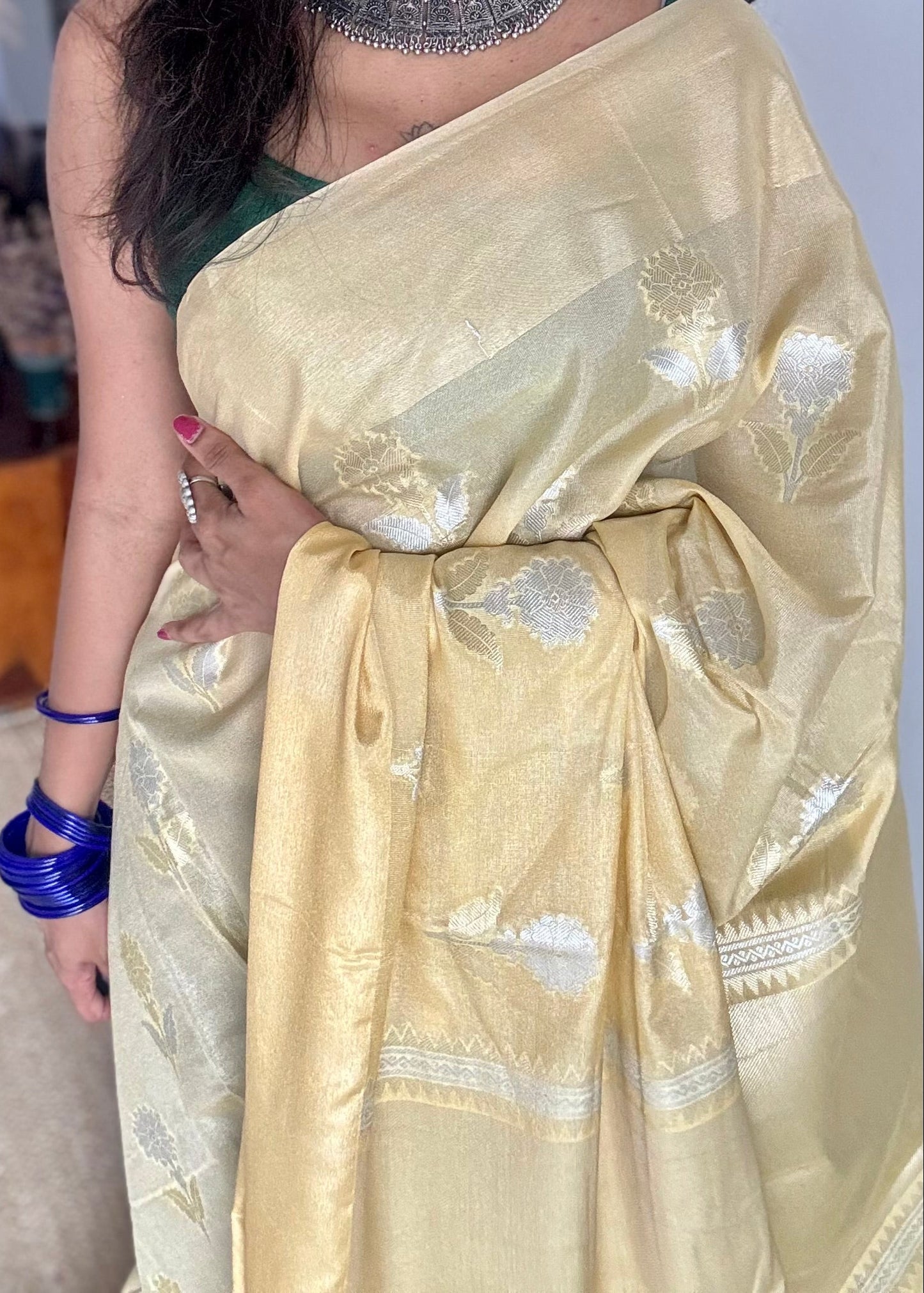 Cream with gold and silver floral buttas, Banarasi semi-crepe silk - YCDESE48