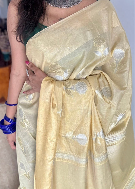 Cream with gold and silver floral buttas, Banarasi semi-crepe silk - YCDESE48