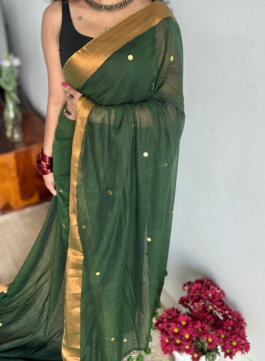 Dark green mul with sequins and copper zari border - YCBCMCLSE08
