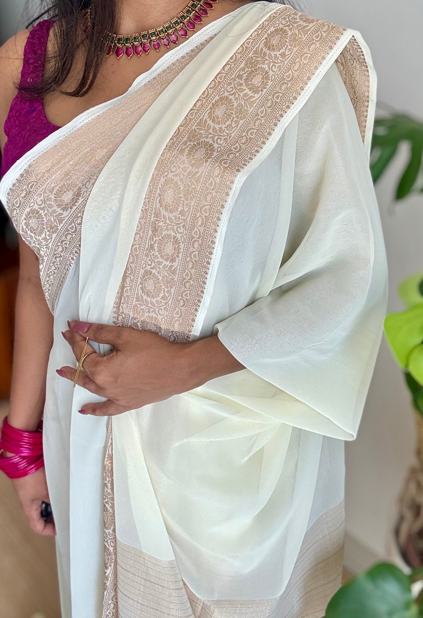 Ivory soft georgette saree, with antique gold zari border - YCIEON87