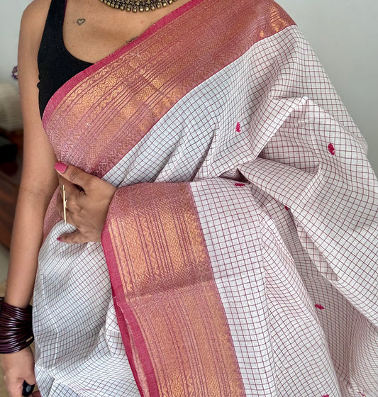 White and burnt red contrast, checkered Chettinad cotton saree - YCCOTNMA264