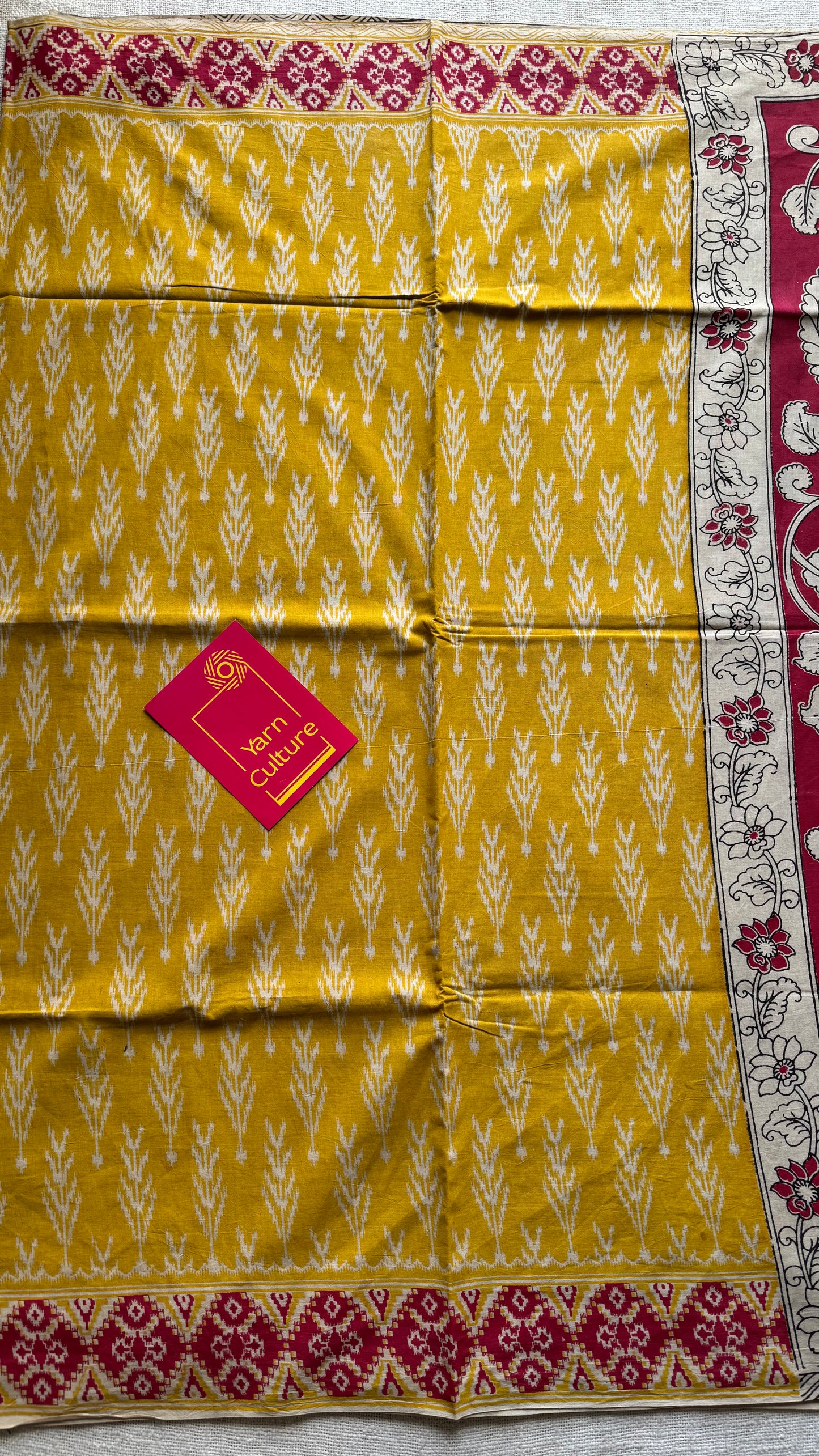 Yellow with red kalamkari, ikat motifs, soft cotton - YCWOTDOCMP82