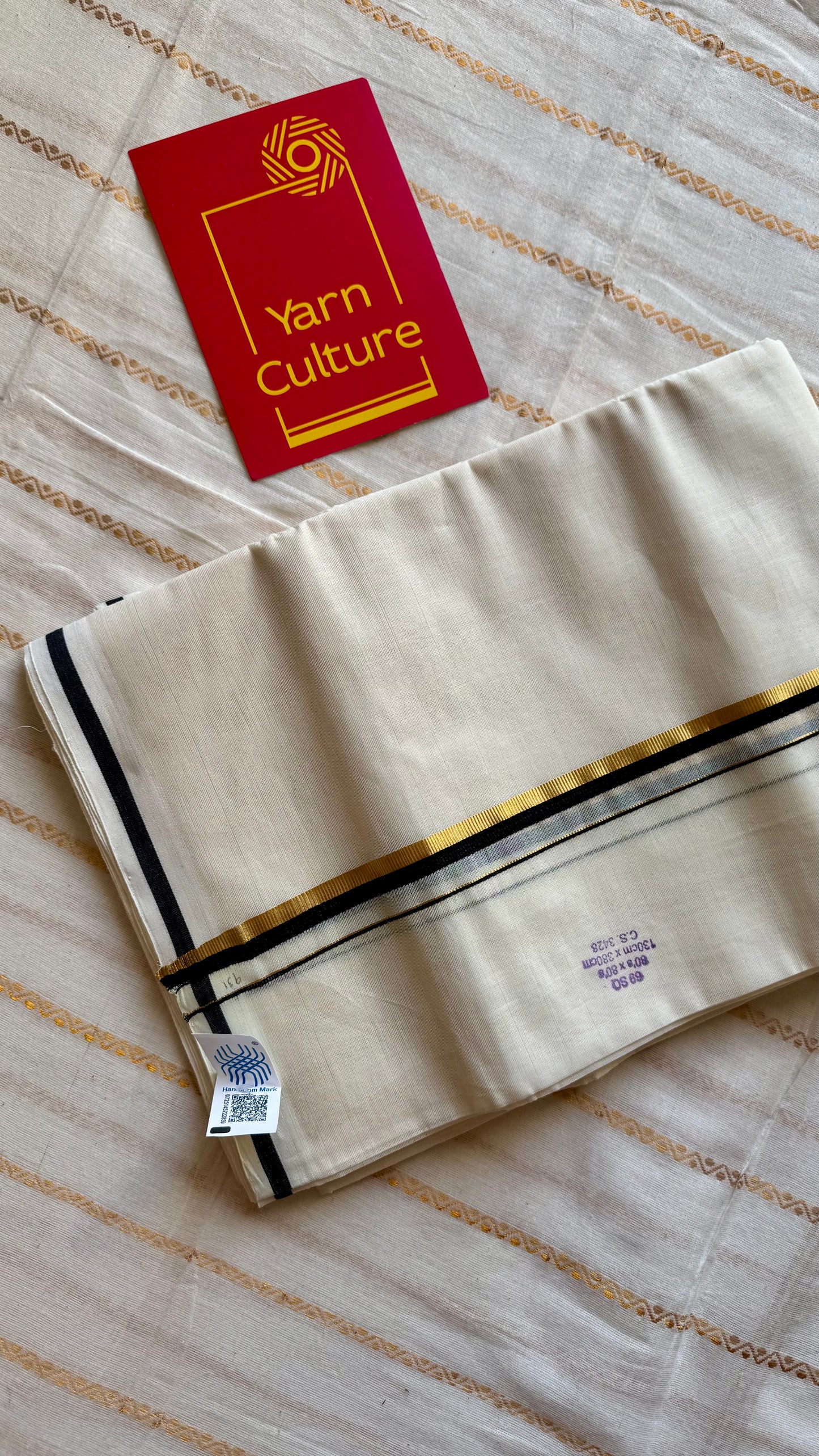 Ivory Chendamangalam Handloom Double Mundu with Black & Gold Kasavu Kara | Soft Cotton Men's Dhoti - YCMSEIE170