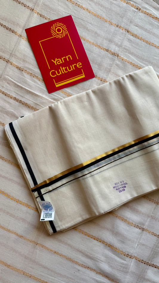 Ivory Chendamangalam Handloom Double Mundu with Black & Gold Kasavu Kara | Soft Cotton Men's Dhoti - YCMSEIE170