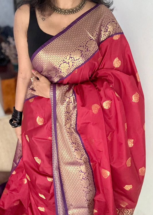 Ragini - crimson red with purple, handloom korvai semi silk - YCCOTNFEJUKS04