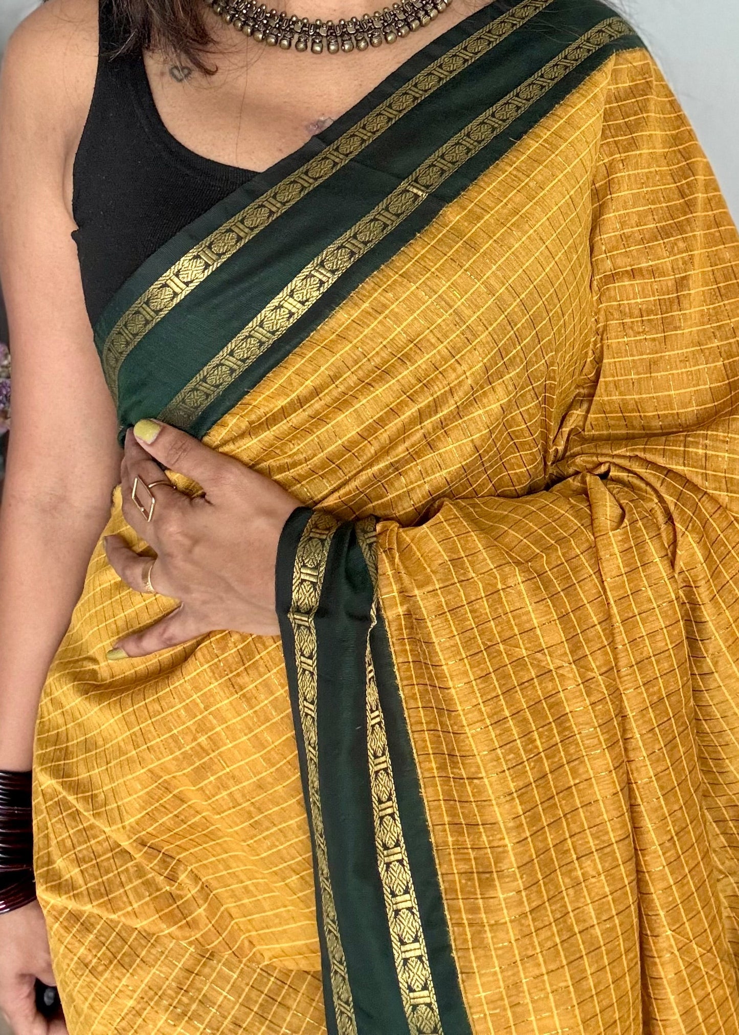 Mustard yellow with dark green contrast arani checkered saree, cotton silk - YCCOTNKCFE70