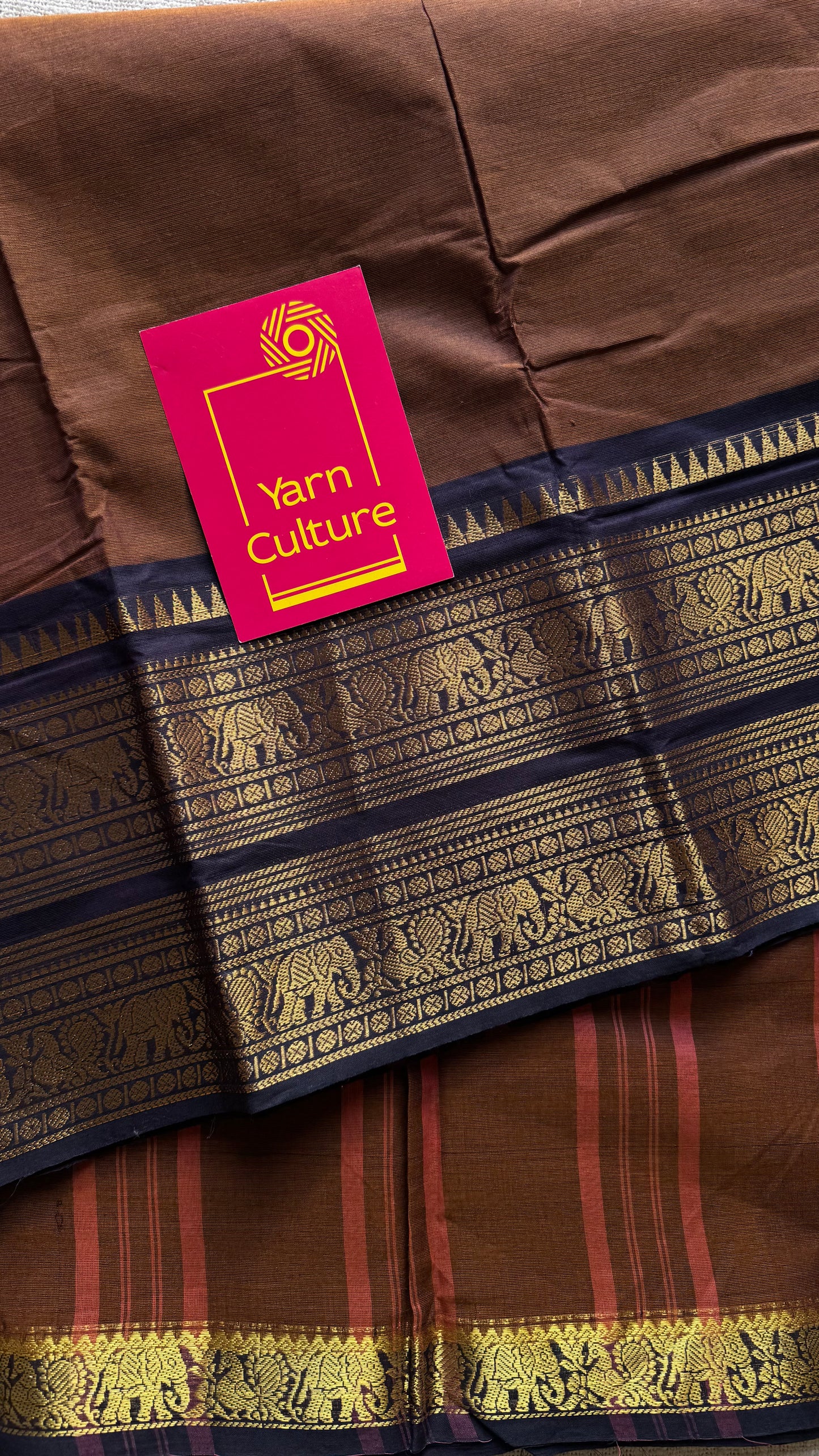 Brown with dark blue contrast, wide zari border, kanchi cotton - YCCOTNKCJA211