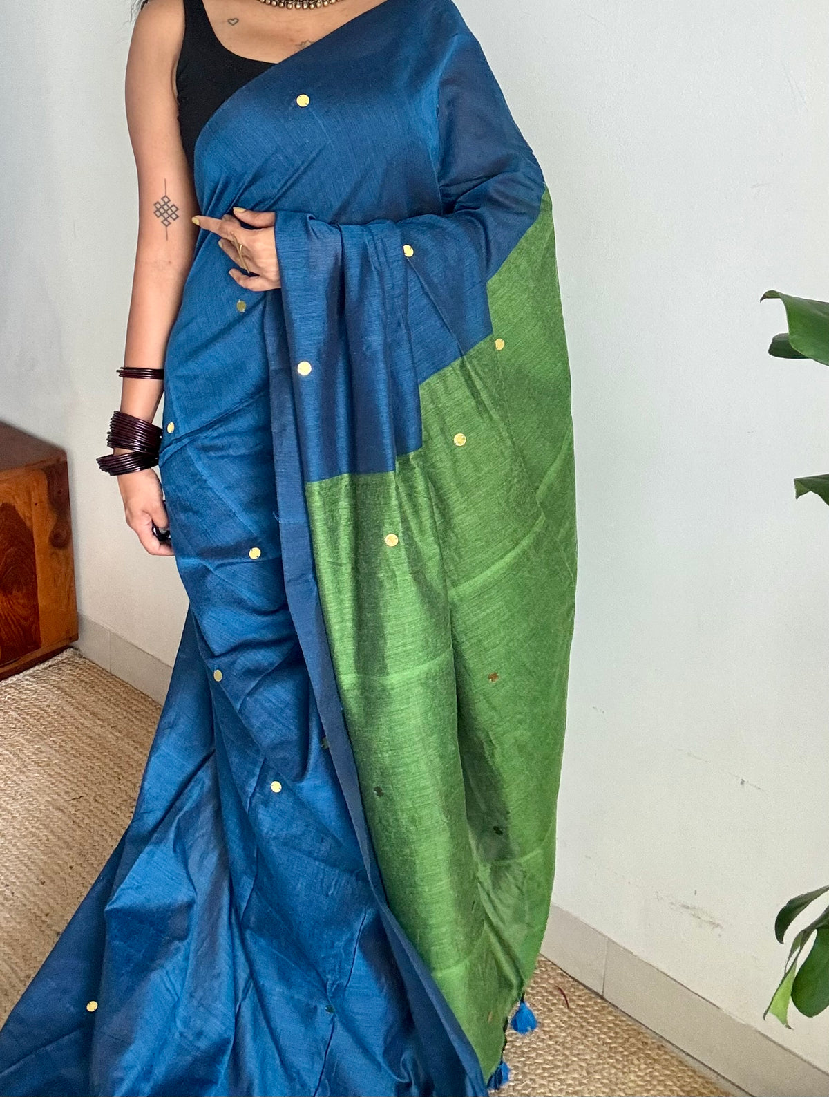 Blue with green contrast pallu, gini sequins, soft cotton saree - YCBCSCOC03