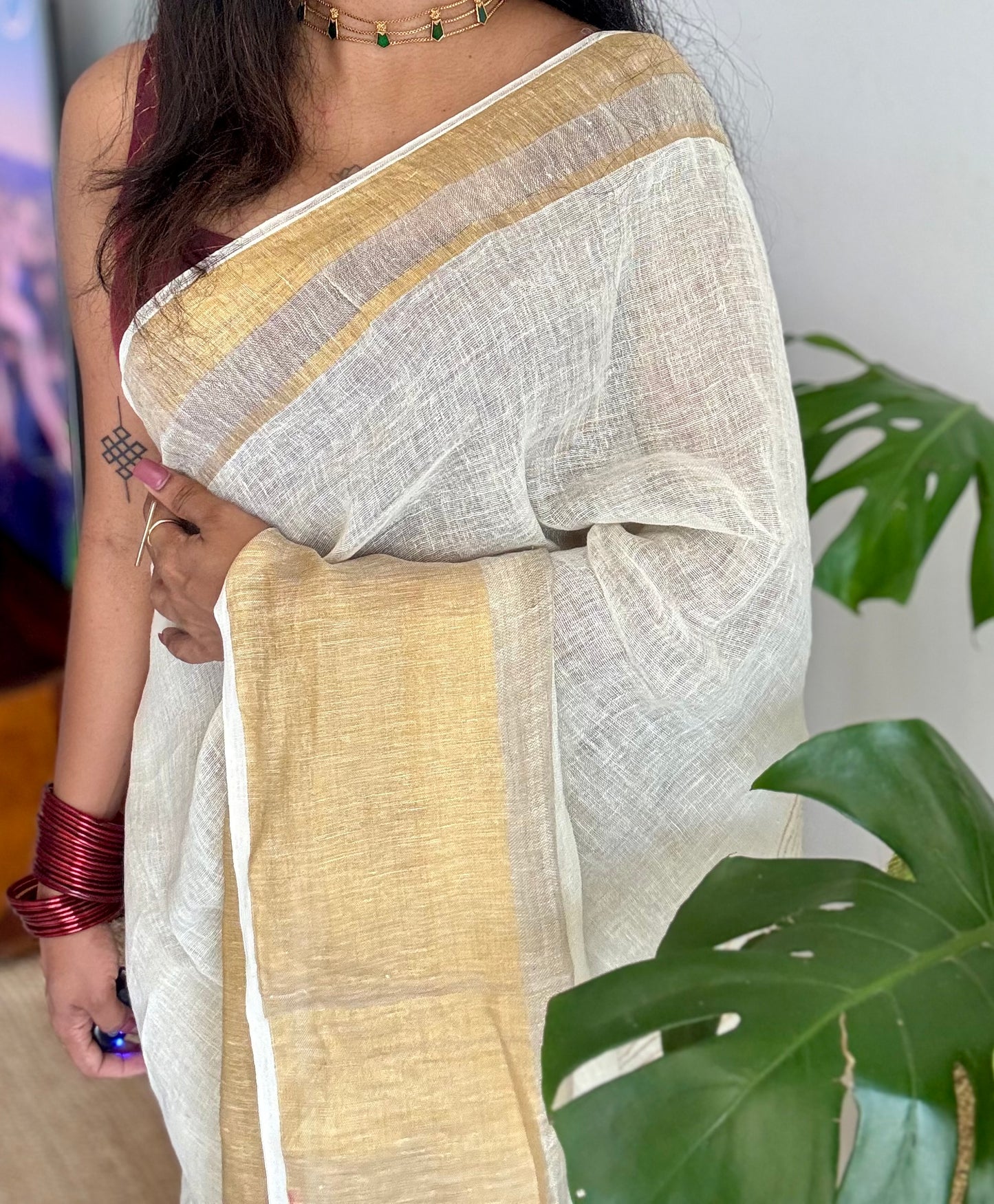 Pure ivory linen, gold and silver zari border - YCIEON27