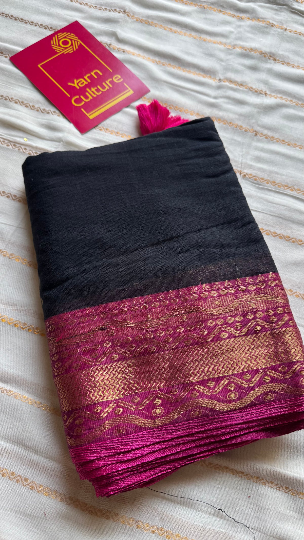 Black mul cotton saree with magenta kanchi inspired zari border - YCBCMCSE28