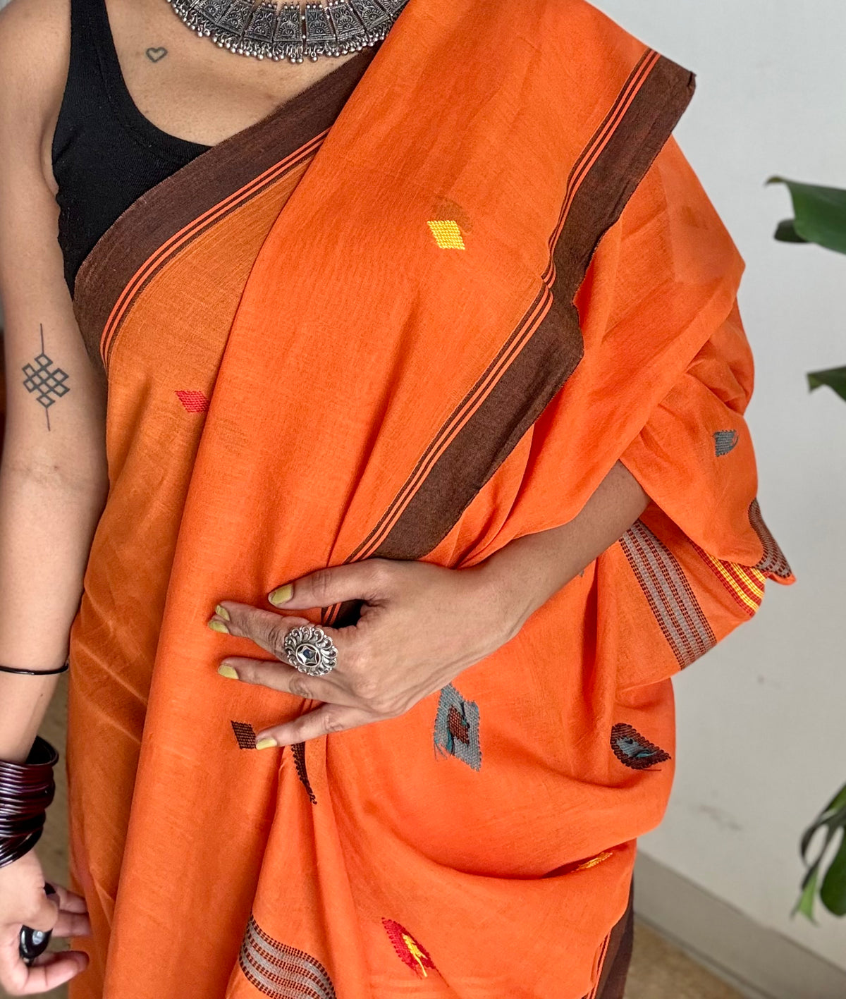 Handloom Bengal soft cotton saree, orange with woven buttas and brown borders - YCBCMCSE36