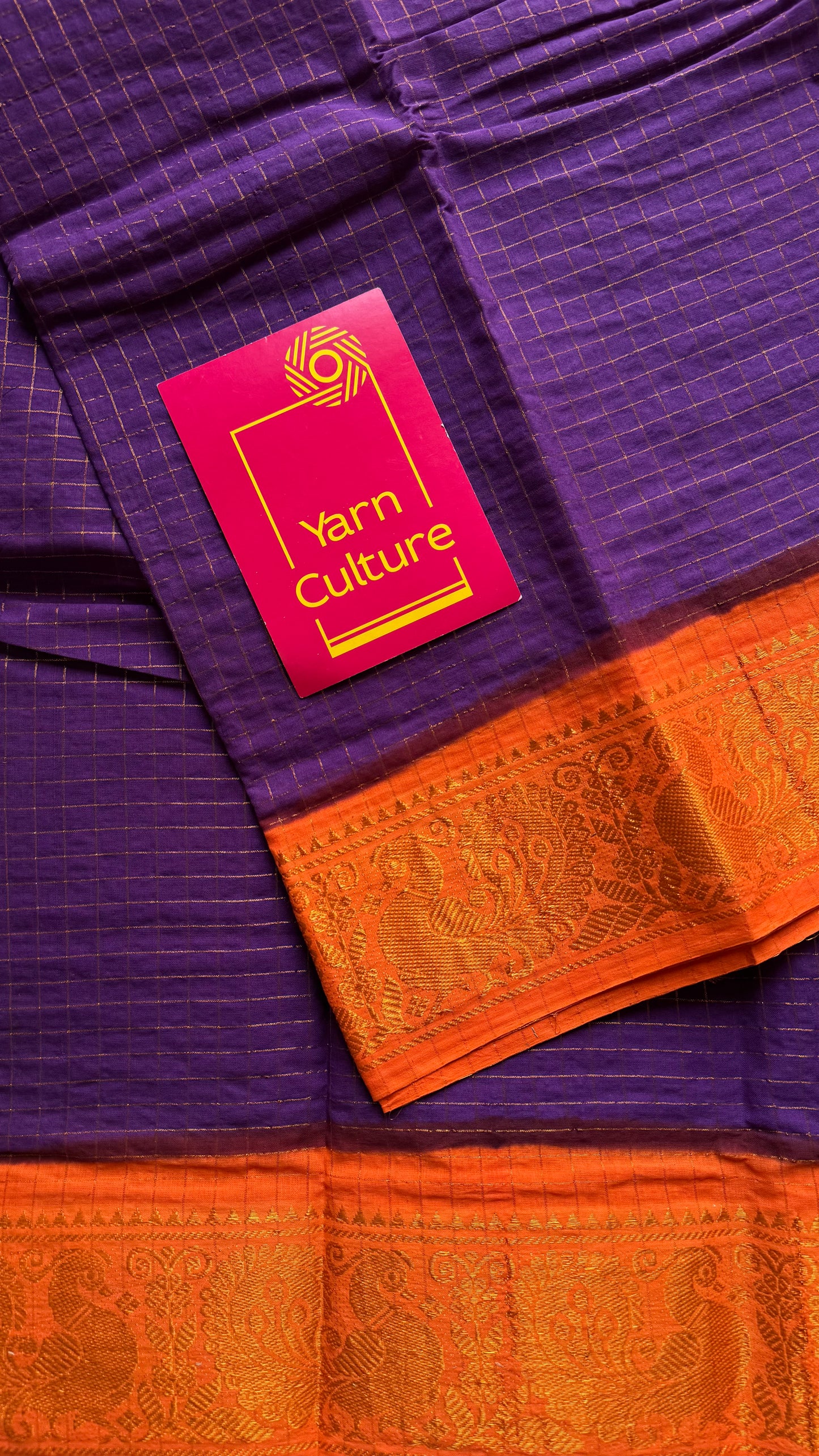 Purple with orange contrast zari checkered sungudi, kattuchayam dyed madurai cotton - YCCOTNMSAP195