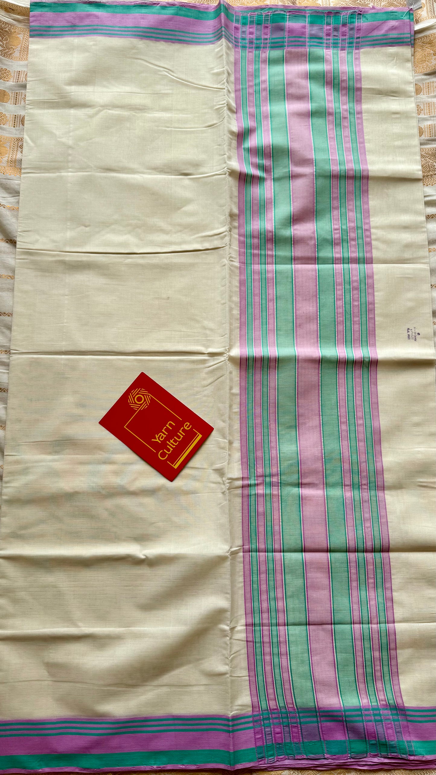 Handloom, woven in Chendamangalam Looms, ivory with pink and green stripes, soft cotton saree - YCIEON149