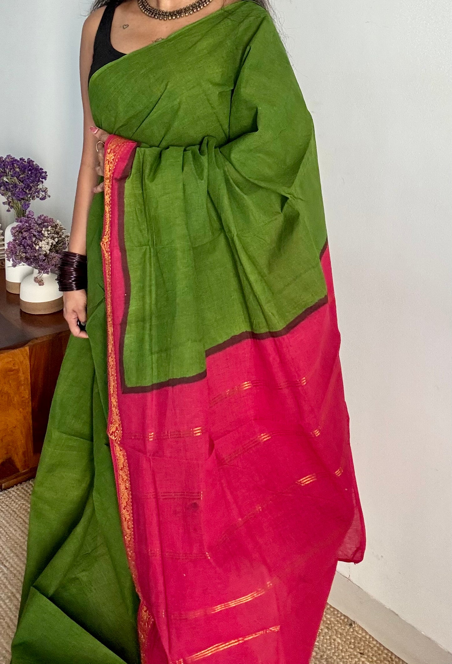 Green with chilli red contrast, kattuchayam dyed madurai cotton saree - YCCOTNMA240