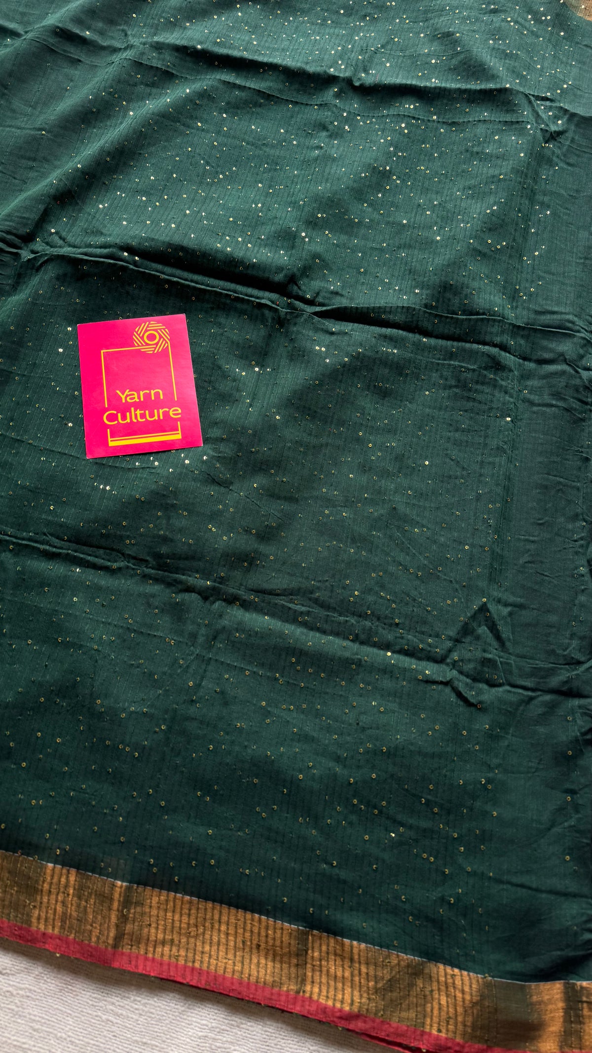 Dark green mul cotton saree with sequins and zari border - YCBCMCSE32