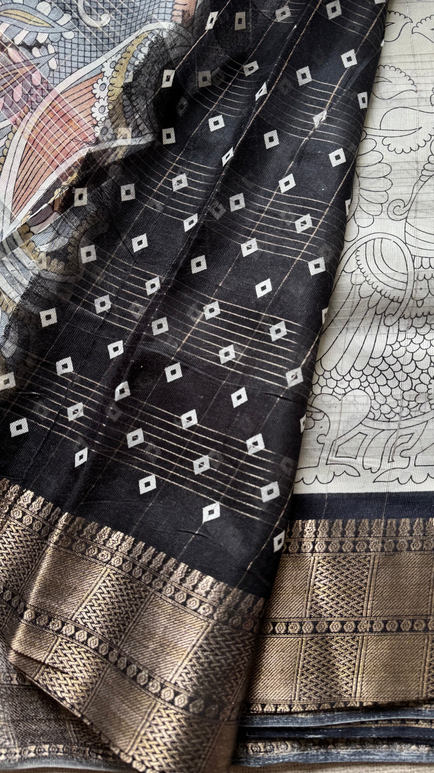Off white and black, printed kalamkari, semi-tussar - YCWOTDSTK07
