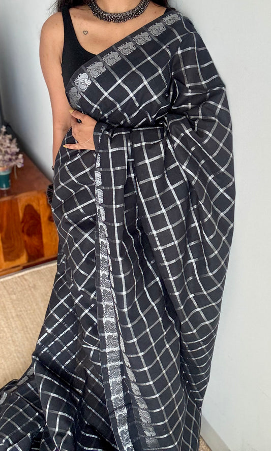 Black silver pavithra kattam sungudi, madurai cotton - YCCOTNSEMS13