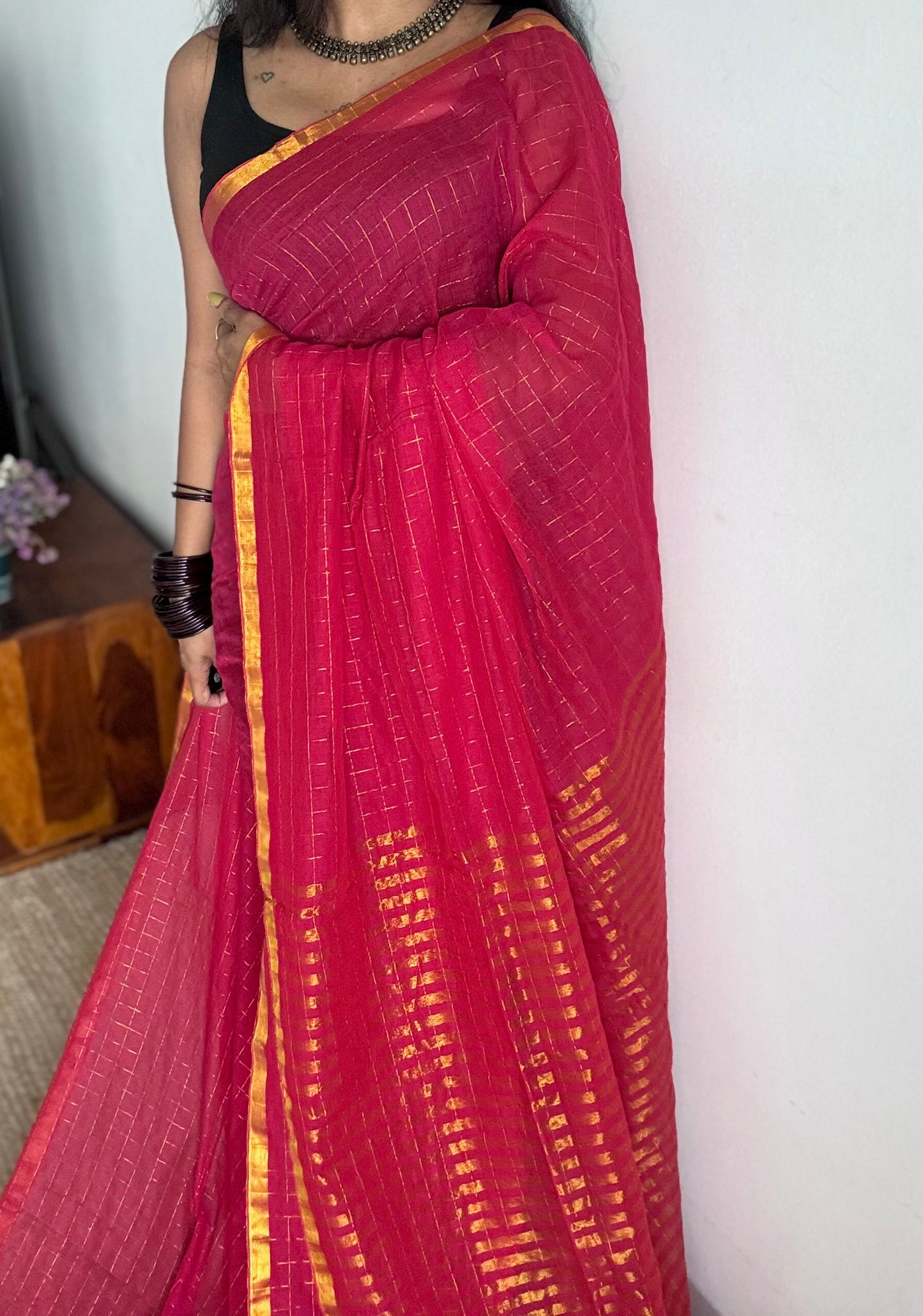 Hot pink mul with gold checks and zari border - YCBCMCJA05