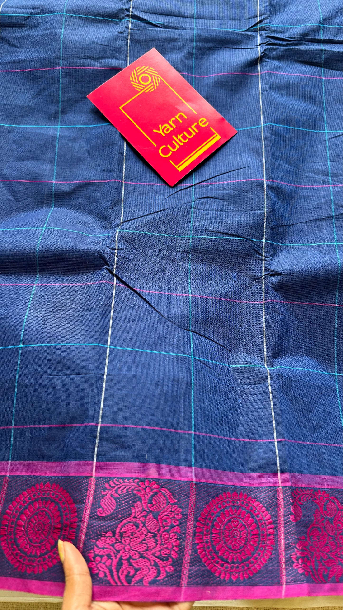 Chettinad cotton saree in dark blue with pink checks, thread motif border - YCCOTNJUCC06
