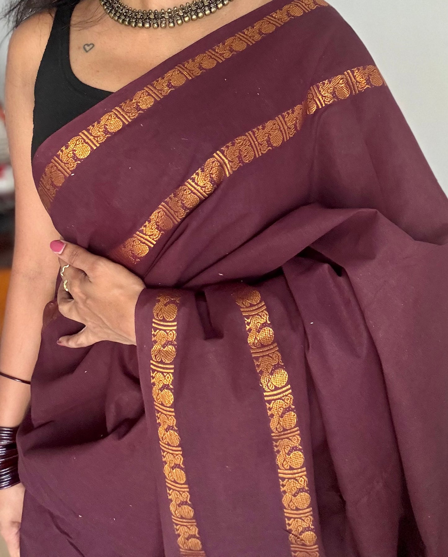 Coffee brown rettaipettu peacock gap border, kattuchayam dyed madurai cotton saree  - YCCOTNMSAP99