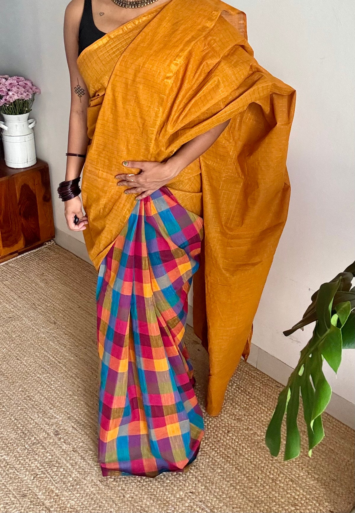Turmeric yellow mini checks with multicoloured madras checks, cotton half and half saree - YCCOTNIDOC164