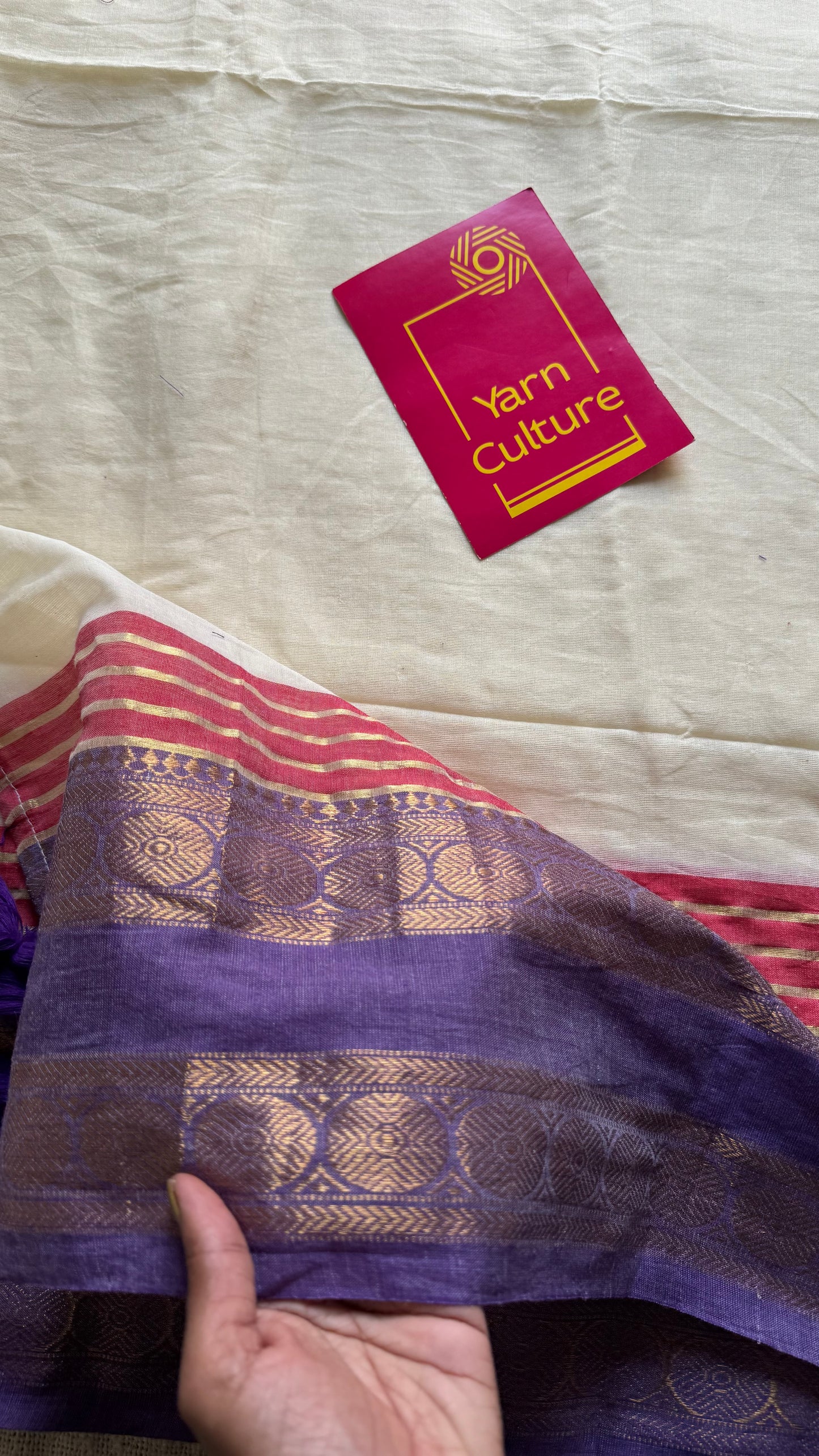 Ivory mul saree with purple and red motif zari border  - YCBCMCFE299