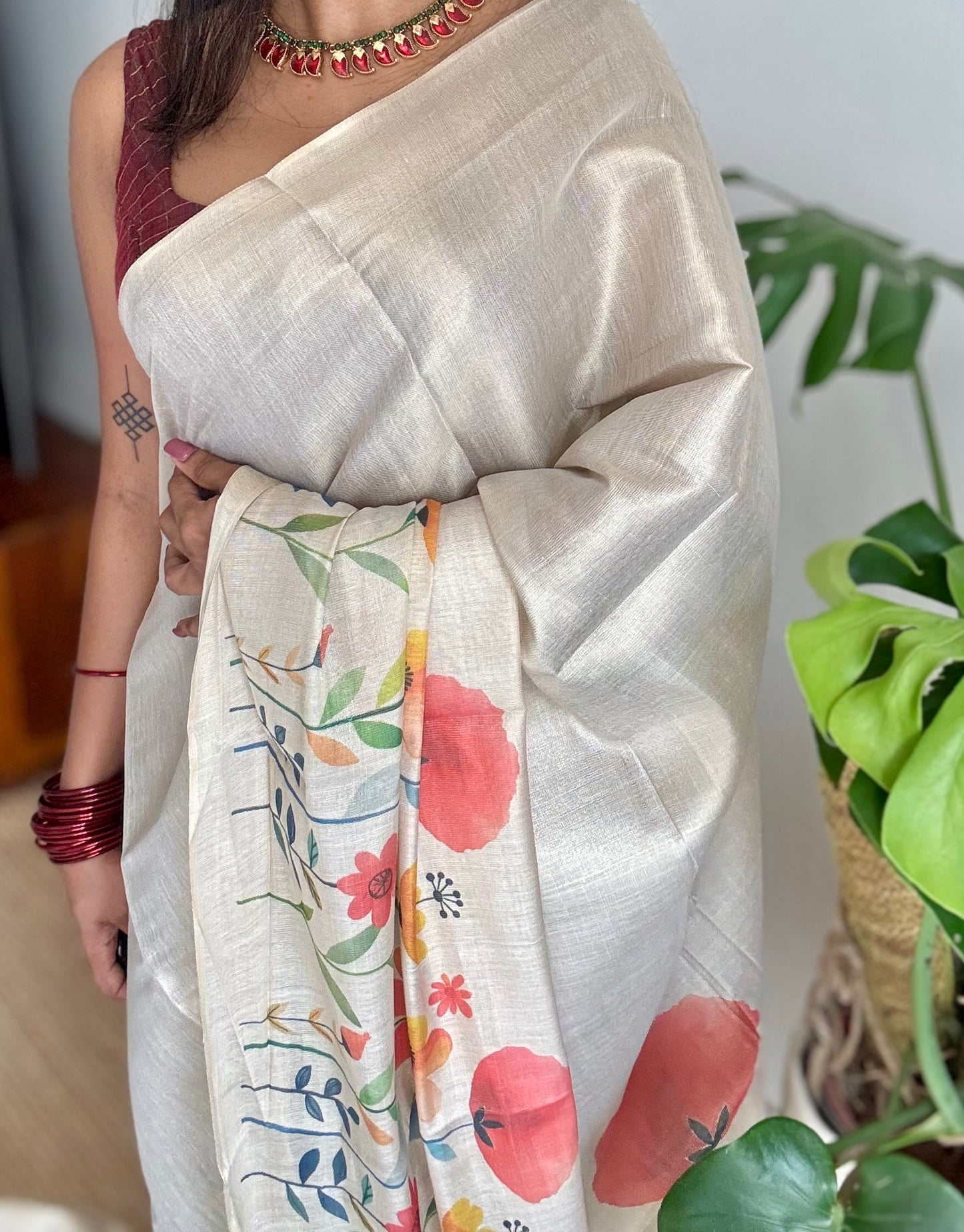 Sandal soft semi tissue saree, multicoloured floral prints - YCIEON82