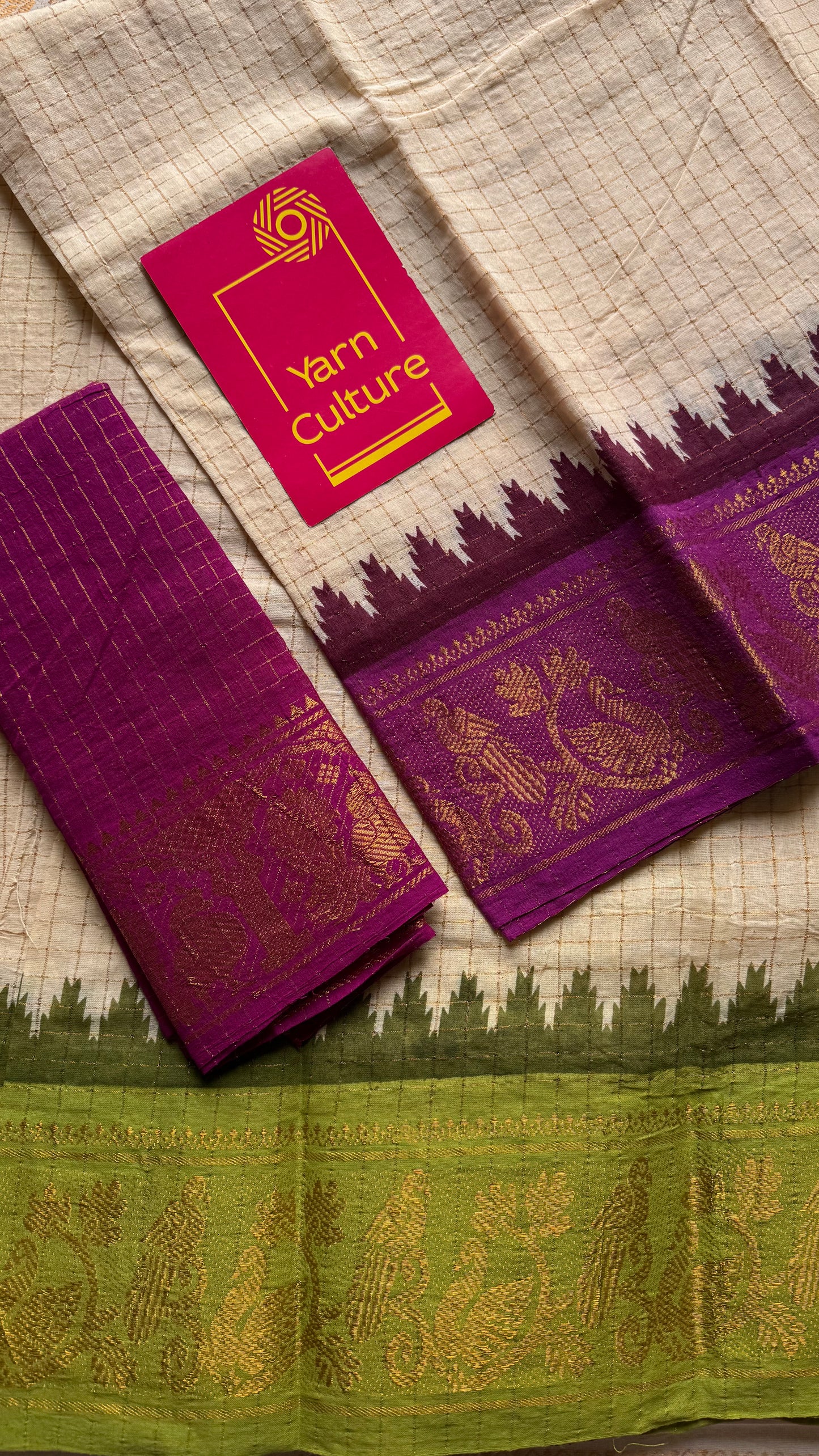 Sungudi cotton checks, ivory gold base, magenta and lime green dual tone border, soft cotton - YCCOTNMSJUL09