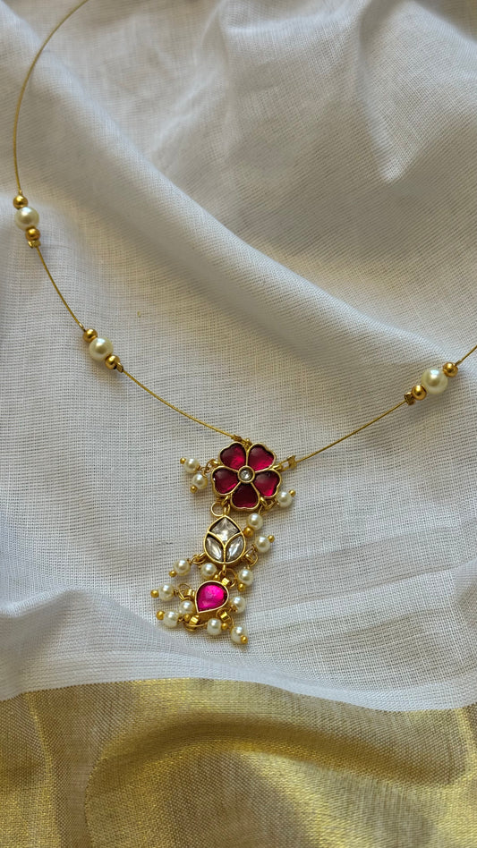 Invisible neckchain with jadau kundan stones & pearl hangings - ruby, white - YCGPNP695