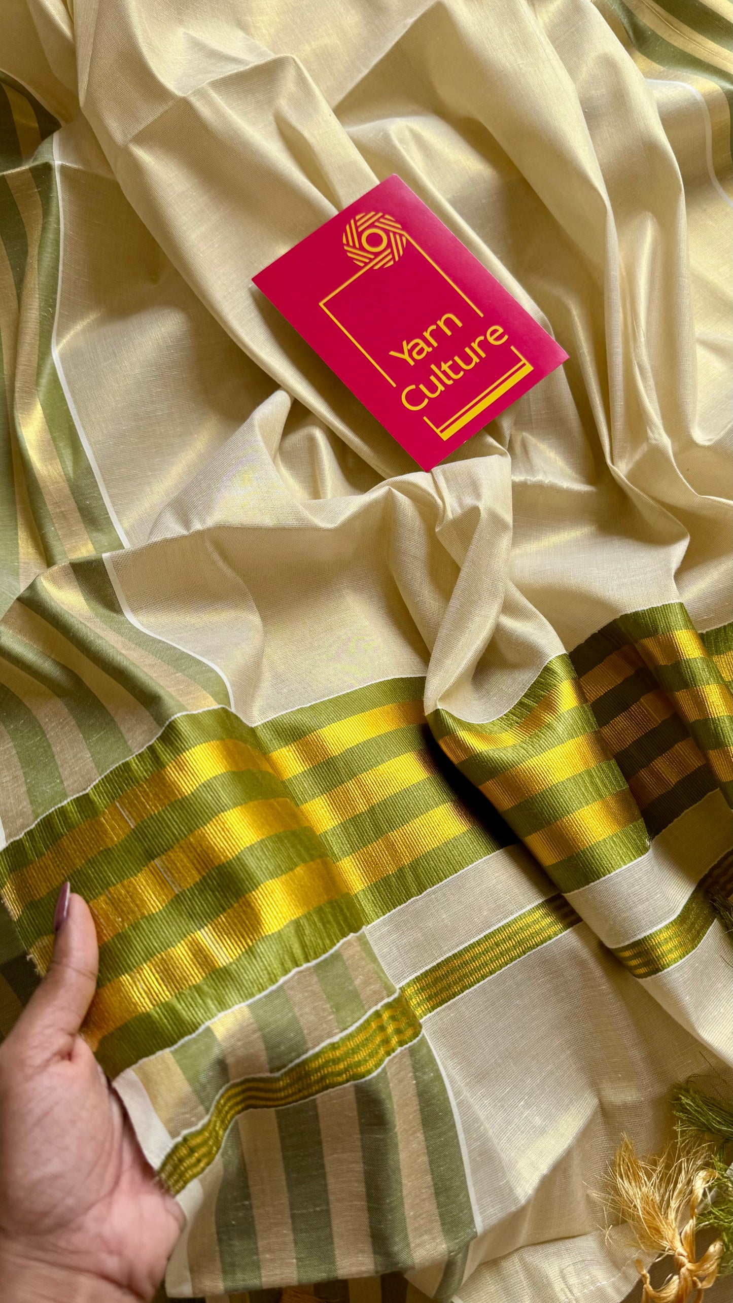 Ivory and gold soft tissue cotton saree, light green border - YCIEON65