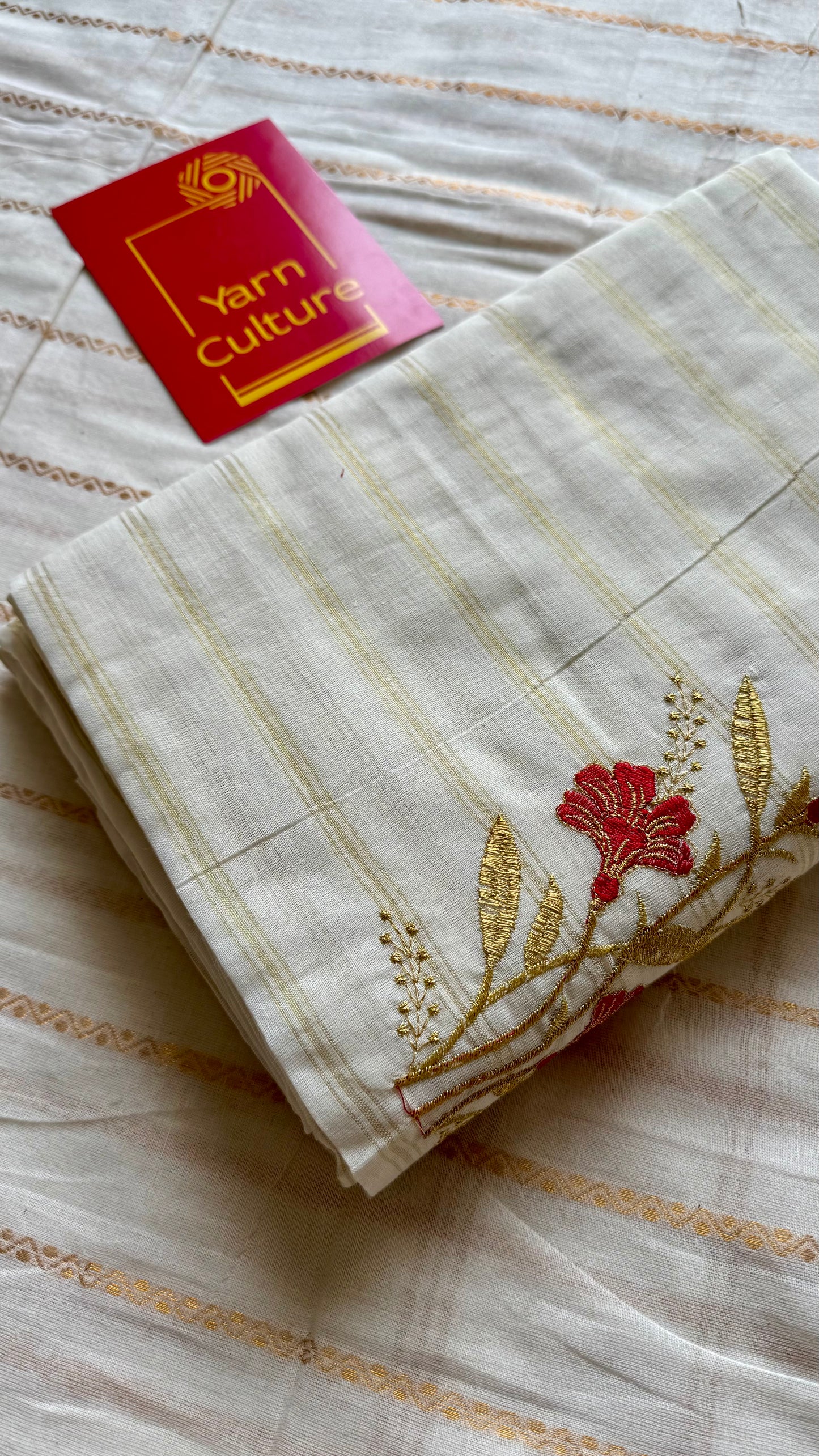 Ivory and gold soft cotton saree, red floral embroidery  - YCIEON52
