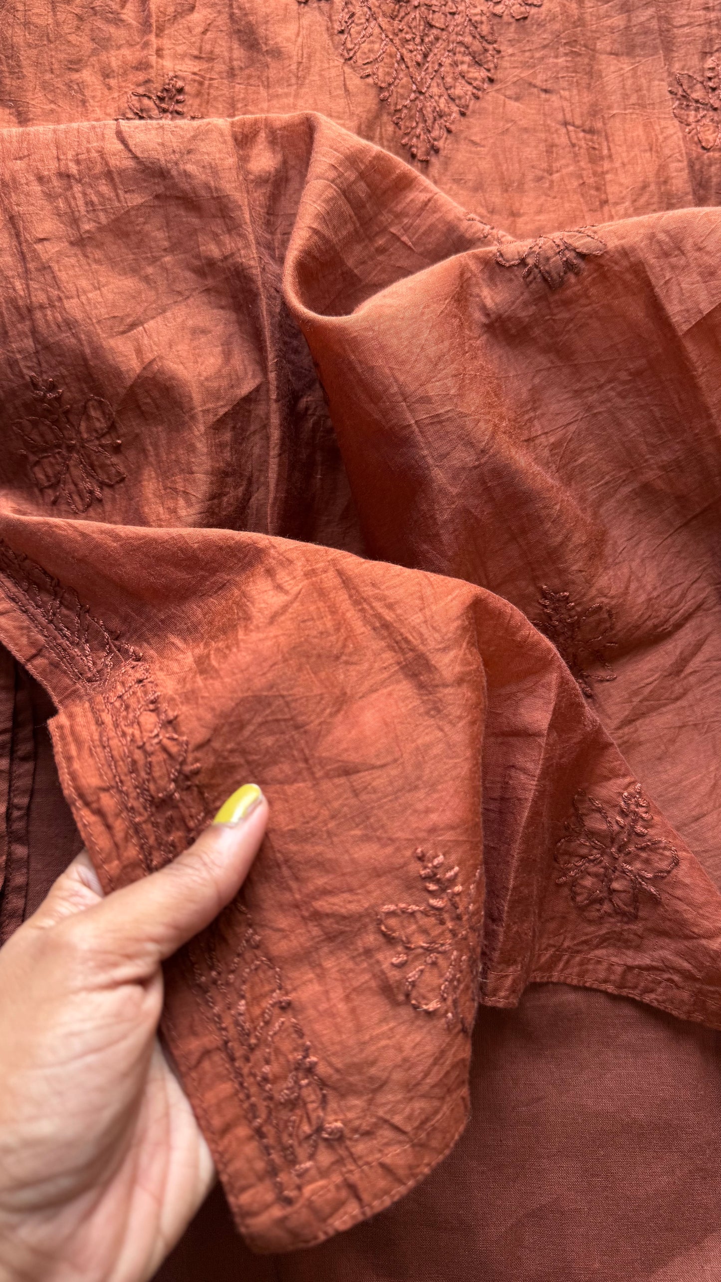 Brown muslin chanderi chikankari with bakhiya work, stitched kurta, round neck, three fourth sleeves - YCSECK29