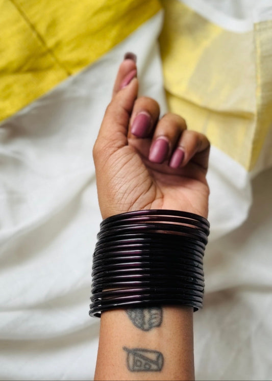 Dark brown glossy glass bangles, set of 12 - YCBANGL840